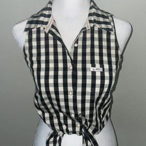 Guess Jeans checkered gingham tie front top